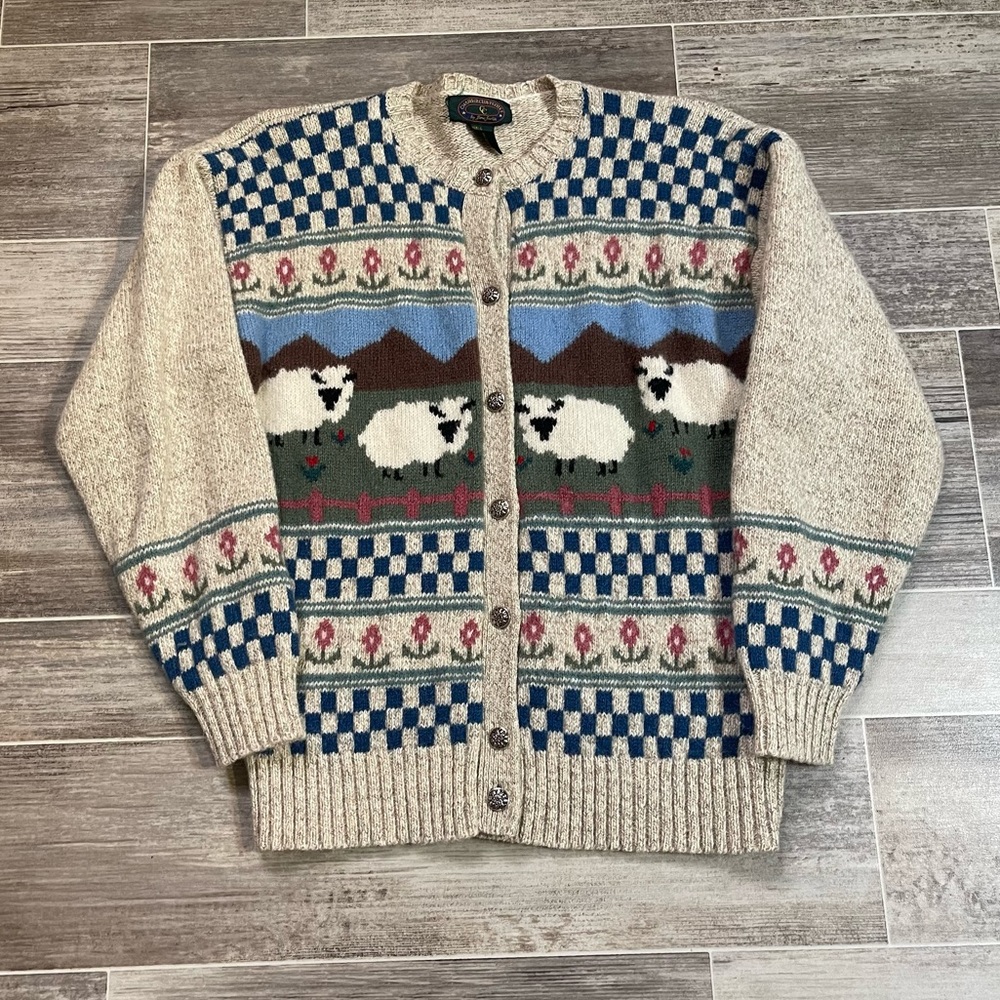 Vintage Charter Club Petites Wool Sheep Picture Cardigan Sweater Knit